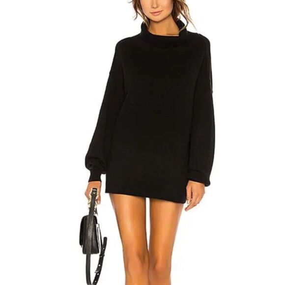 FREE PEOPLE Black Softly Structured Tunic Dress Rib Knit Slouchy Cowl Neck sz L - Picture 1 of 6